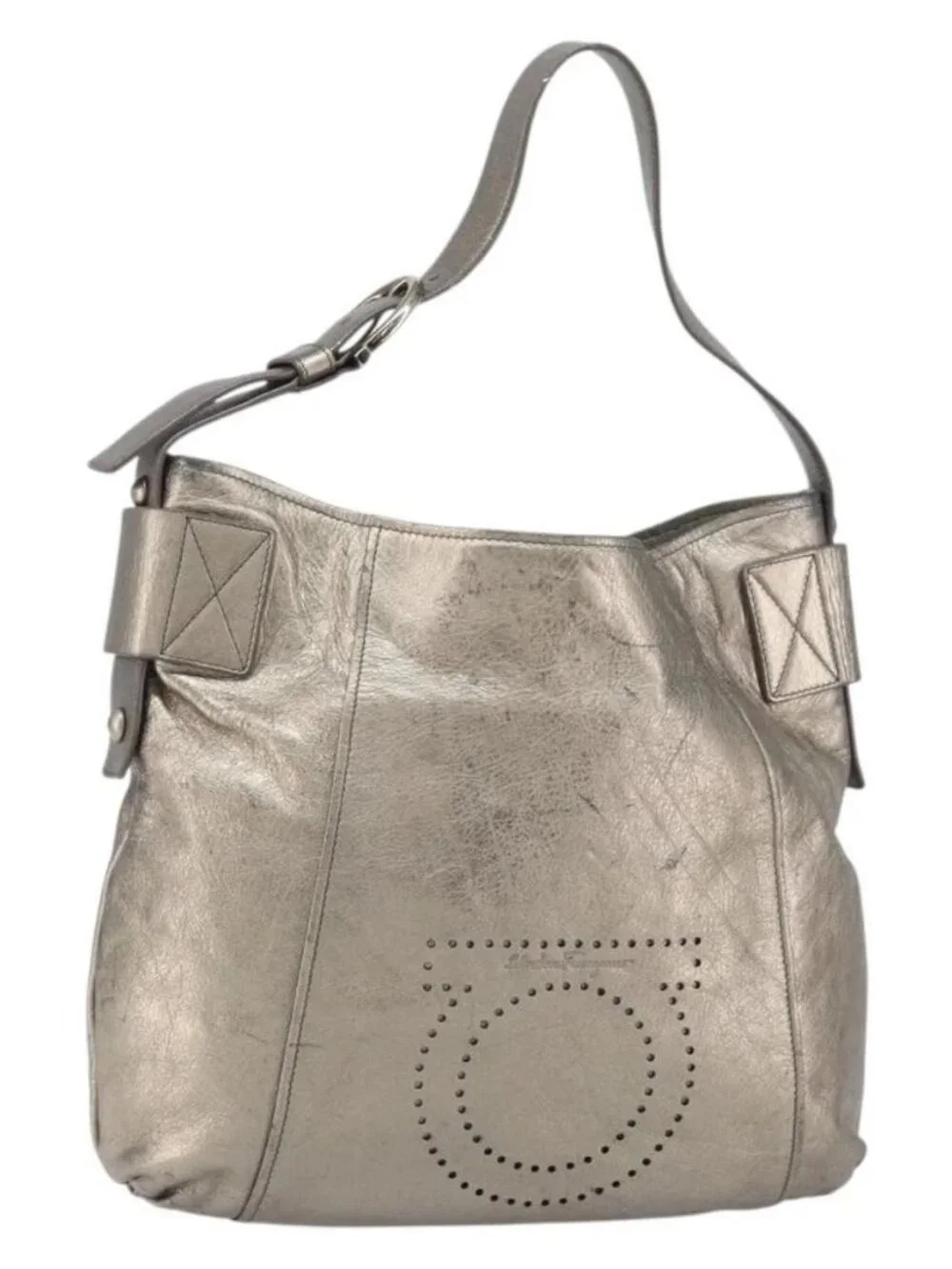 Salvatore Ferragamo Gancini Shoulder Bag Leather Gold Auth 166709